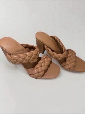 Braided Double-Strap Block Heel Mules - Tan